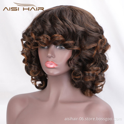 Aisi Hair Vendor Cheap Wholesale Curly Loose Wave Short Bob Ombre Brown Wig With Bangs For Black Women Synthetic Hair Wigs